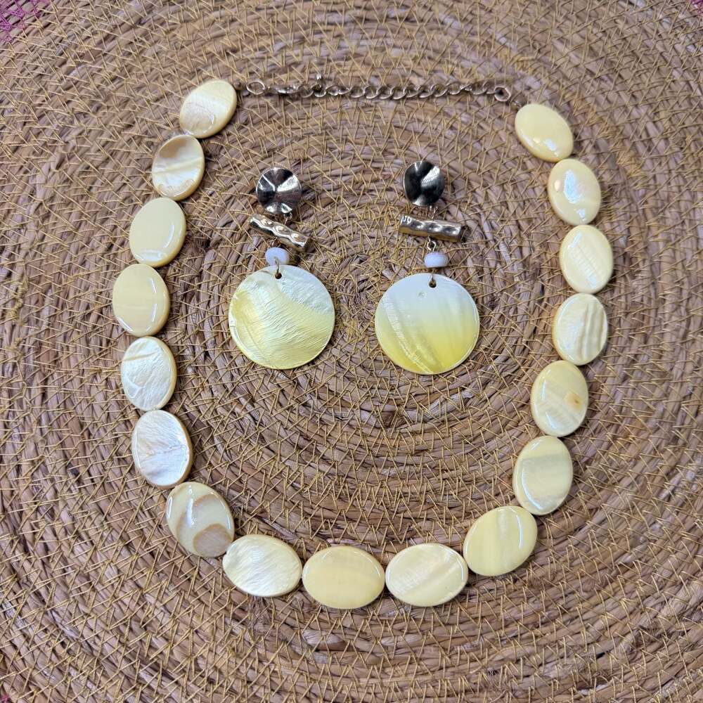 Mother of Pearl Shell Disc Statement Necklace, Pierced Earring Set
